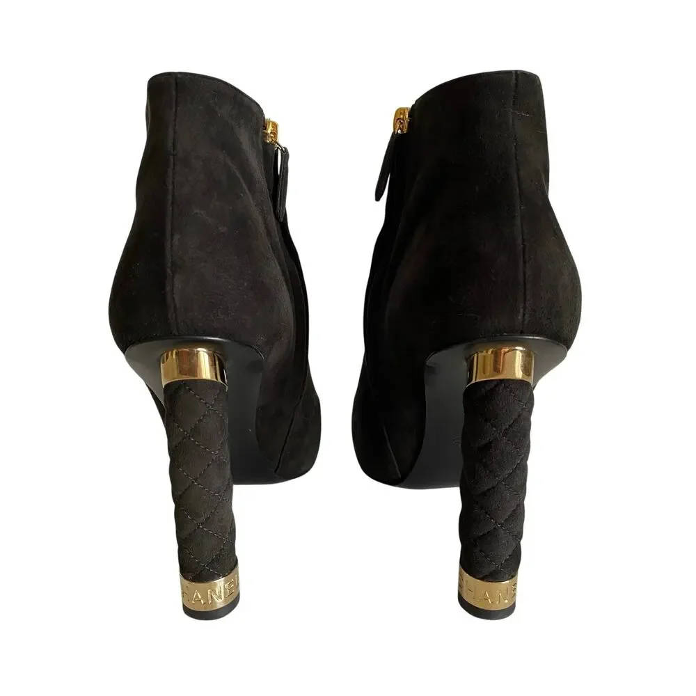 Chanel Black Suede‎ Ankle Boots Quilted Heel CC Gold Cap 39